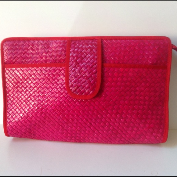 Vintage Pink Straw Clutch Fuchsia Rattan Large Bag - Picture 1 of 3